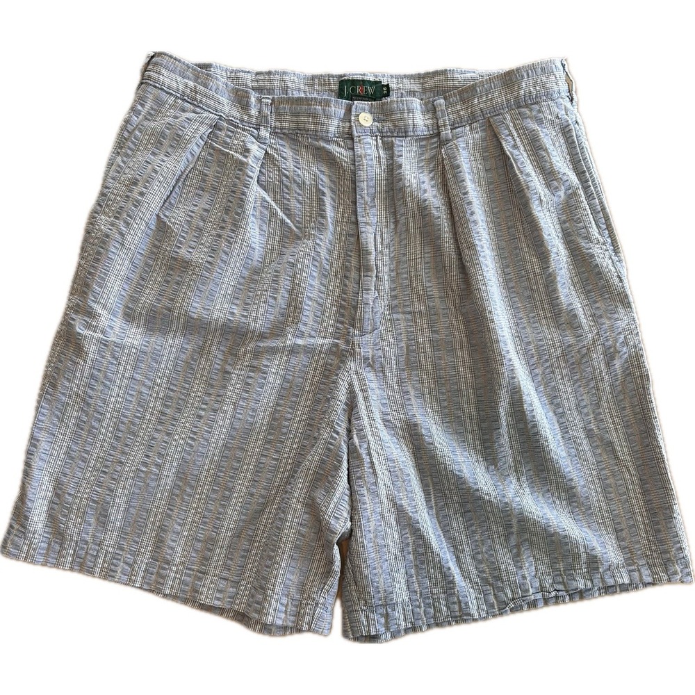 J Crew Shorts Mens 36 Blue Plaid Seersucker Cotton Pleated Front Preppy